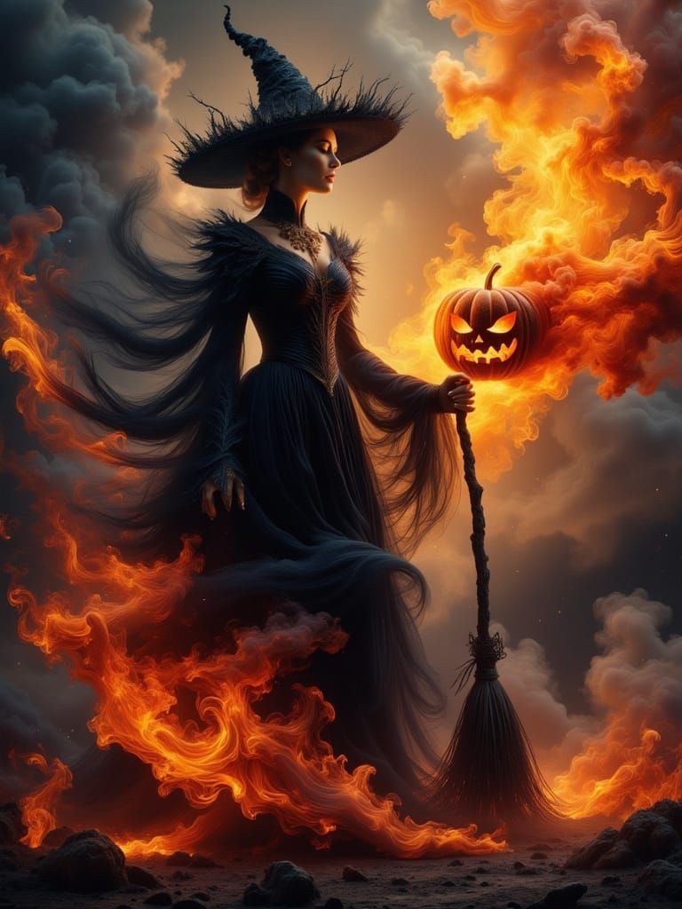 Fiery Cosmic Witch: Dramatic Oil Painting