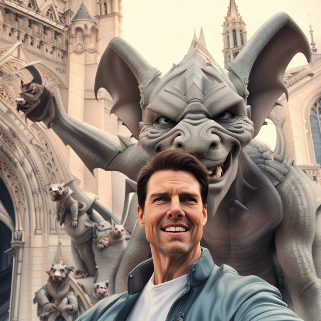Selfie with Gargoyles in Pale Pastel Aesthetic