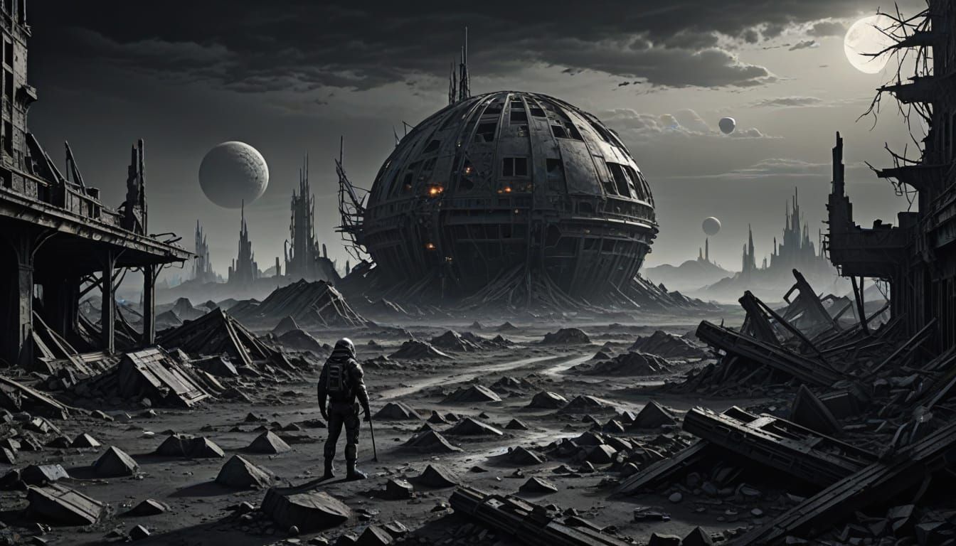 Abandoned Colony on Proxima B in Dramatic Charcoal Drawing