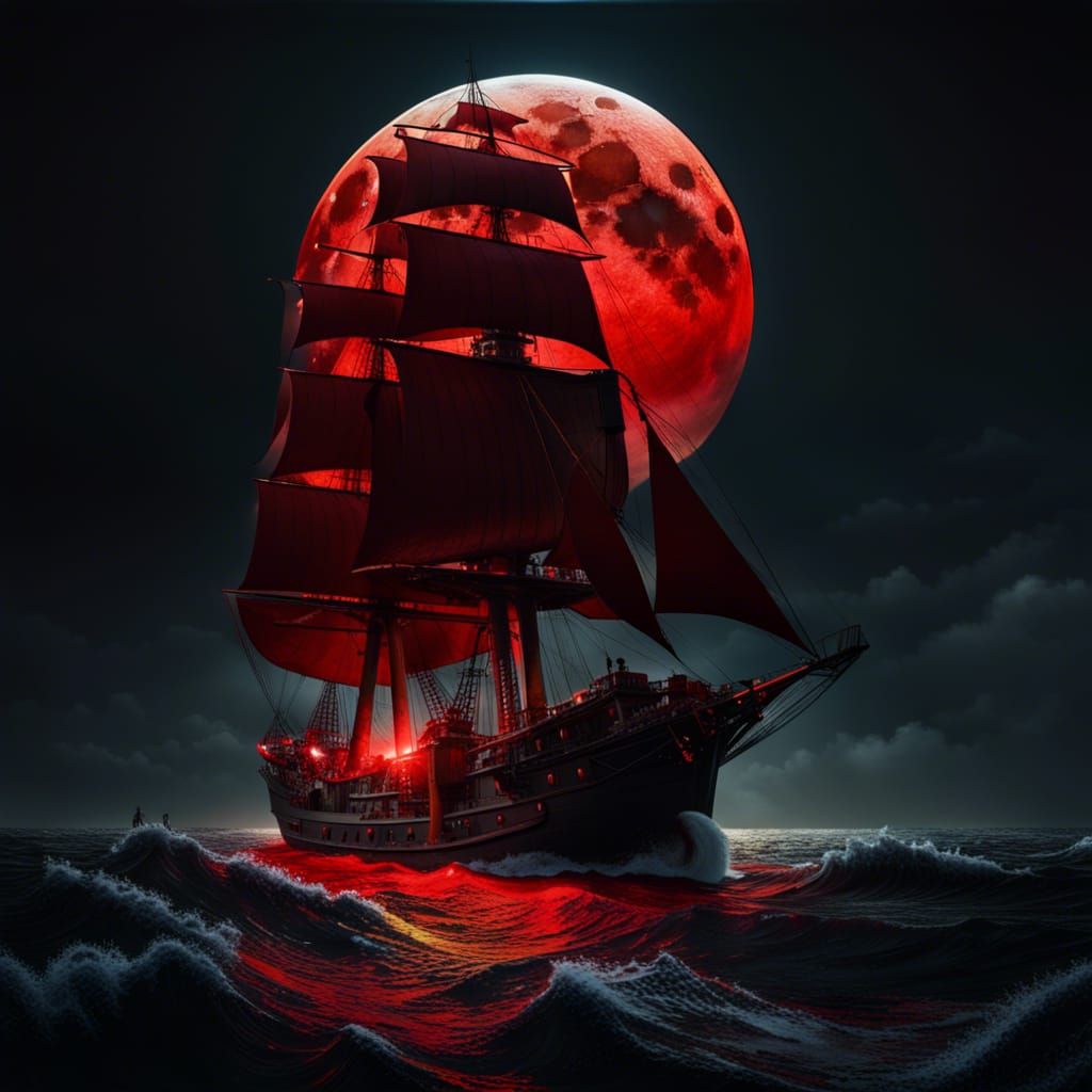 Eerie Red Moon Eclipse Over Corsair Ship