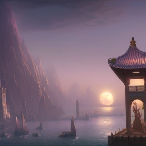 Moon Elf Palace Harbor: Dark Fantasy Art