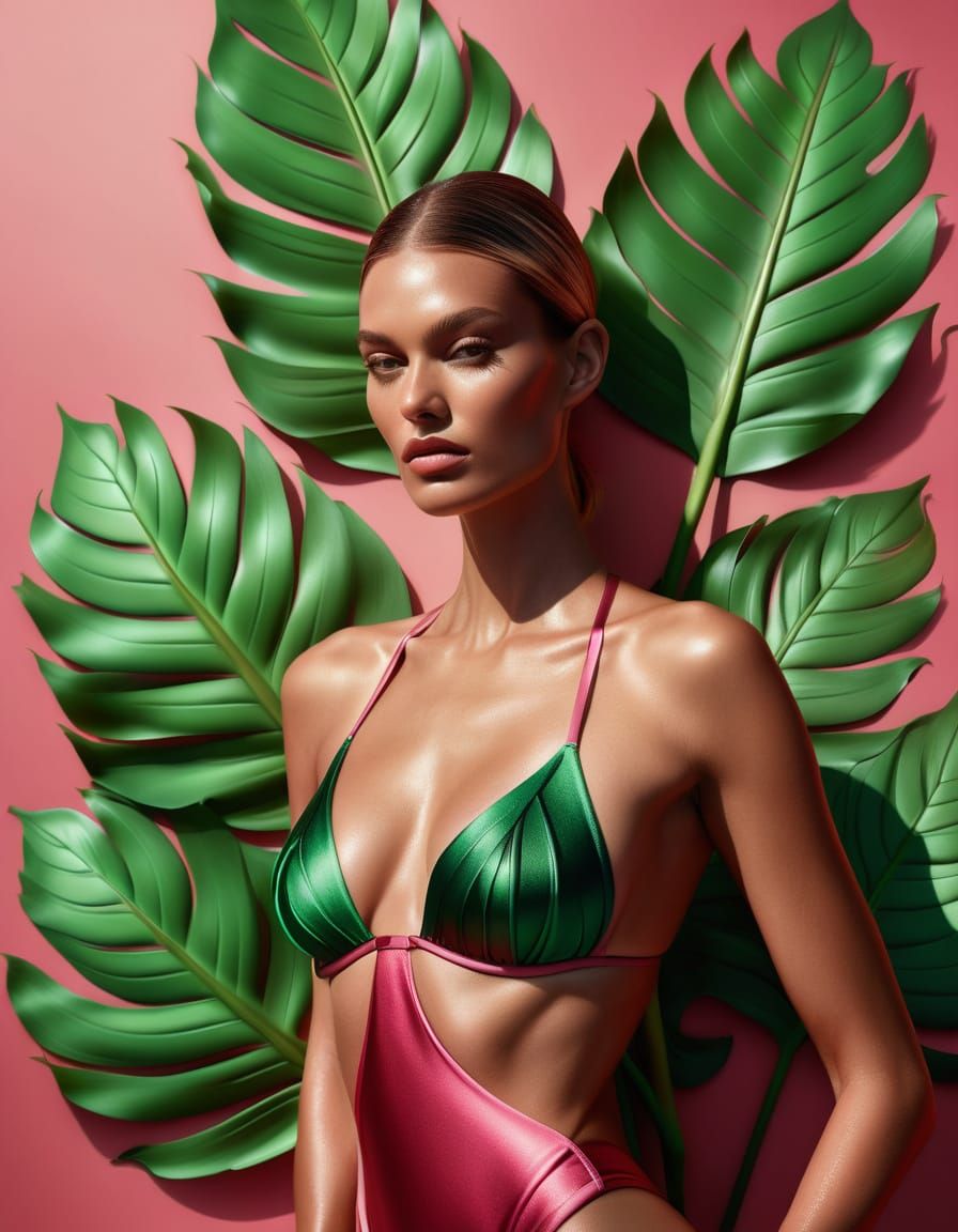 Emerald Bikini Model as Rhubarb, Hyperrealistic Digital Art