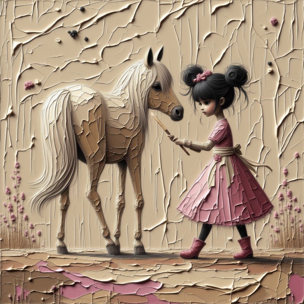 Girl Brushing a Pony in Whimsical Mixed Media Style