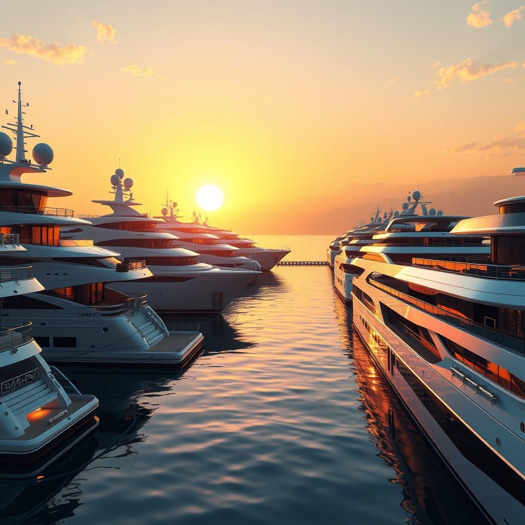 Luxurious Modern Yachts at Sunrise in a Serene Sea