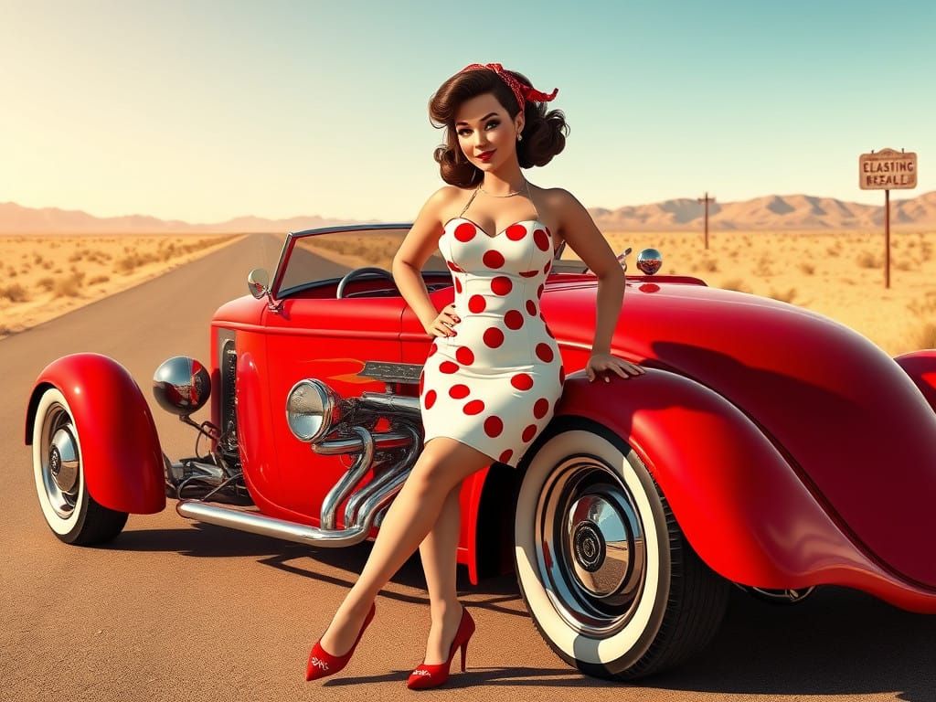 Rockabilly Pin-Up Girl on Vintage Hot Rod in Desert Landscap...