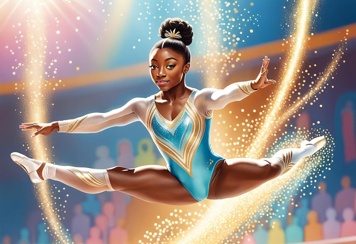 Gymnast's Whimsical Split Jump with Golden Accents