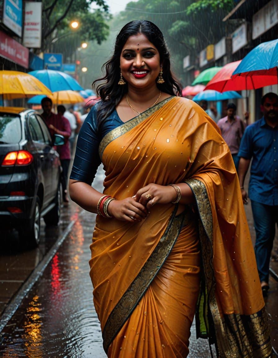 Sensational Indian Woman Strolls in Rainy Mumbai
