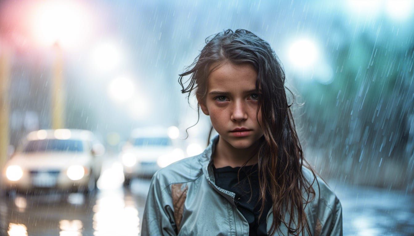 Drenched Girl in Heavy Rain