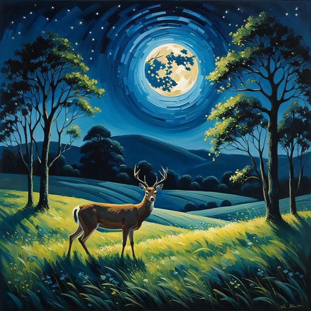 Roe Deer Grazing Under Starry Sky as Impasto Painting