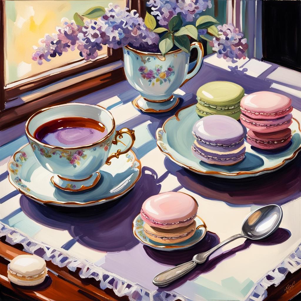 French Teacup Still Life in Gouache Style