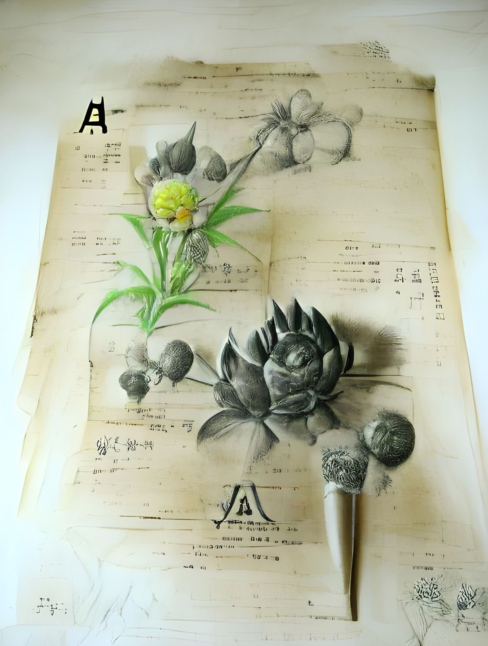 Antique Flower Drawing in Pencil and Charcoal