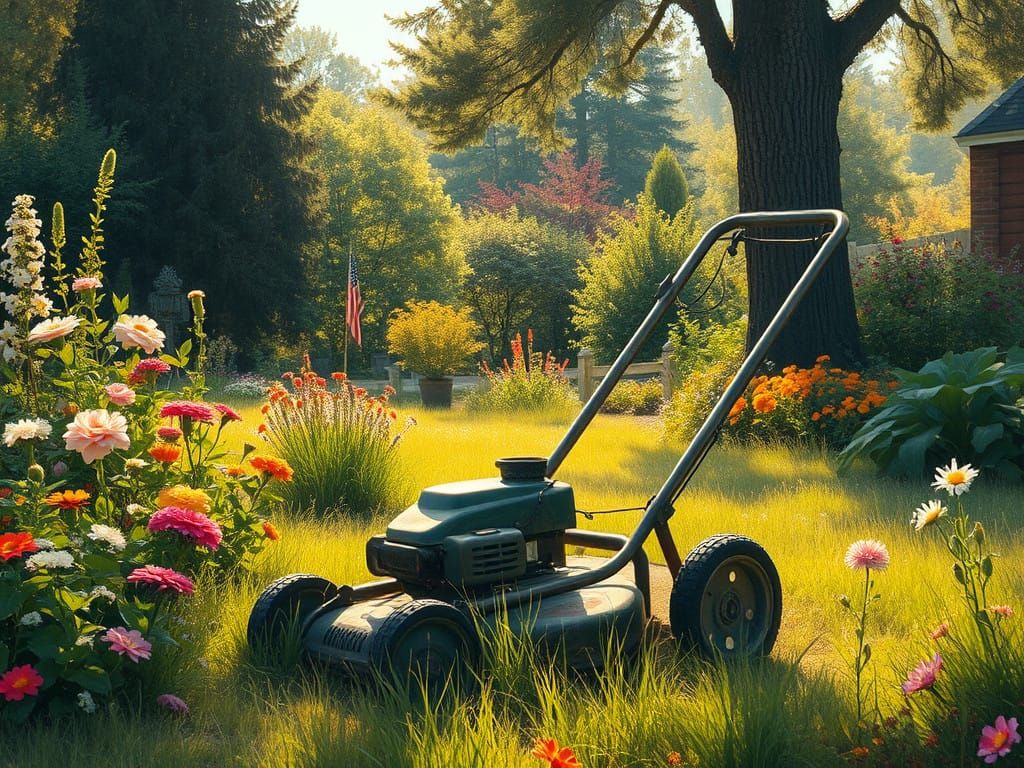 Vintage Lawnmower in a Lush Impressionist Garden