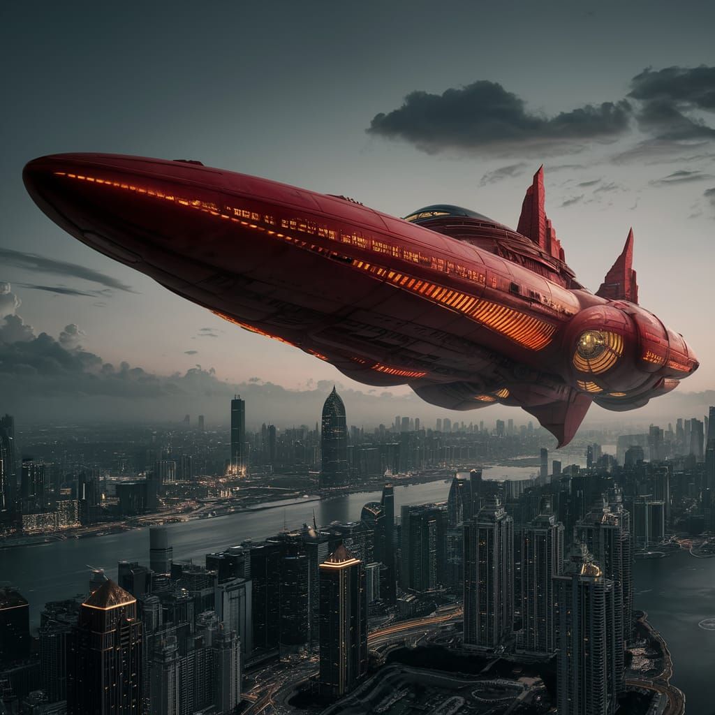 Red Spaceship Soars Over Metropolis at Twilight