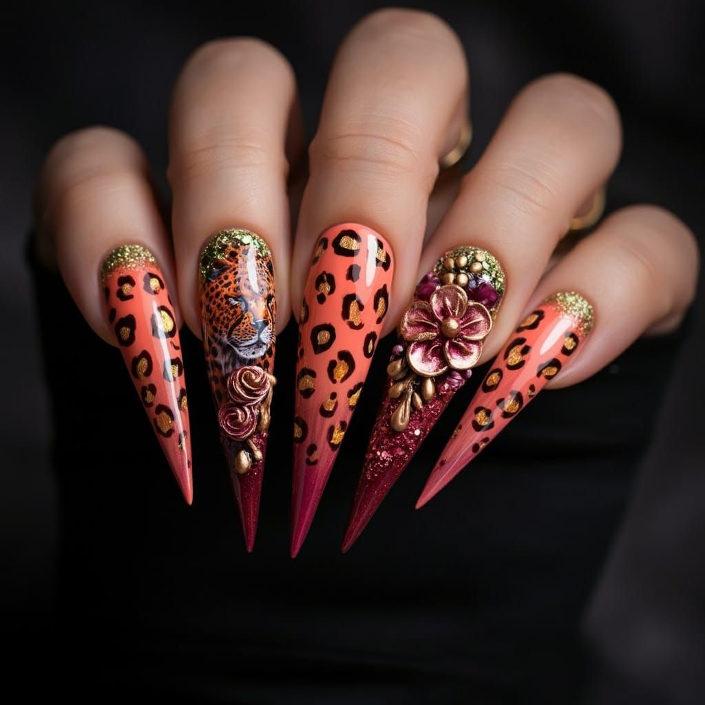 Cheetah Print Nail Art with Ombre and Gold Accents