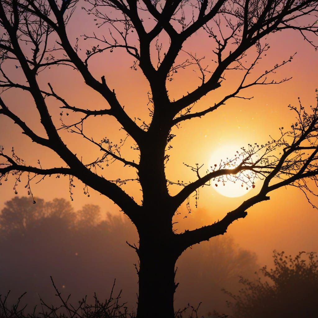 Tree Silhouette at Sunrise in Art Nouveau Style