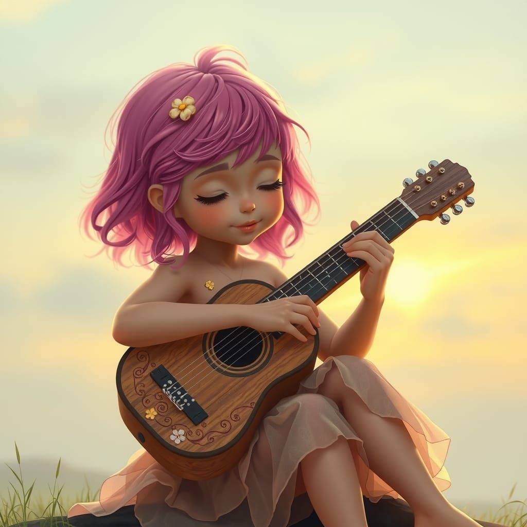 Girl with Pink Hair Playing Guitar in Dreamy Style