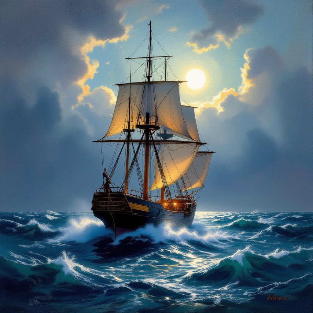 Majestic Clipper Ship on Stormy Seas Oil Painting