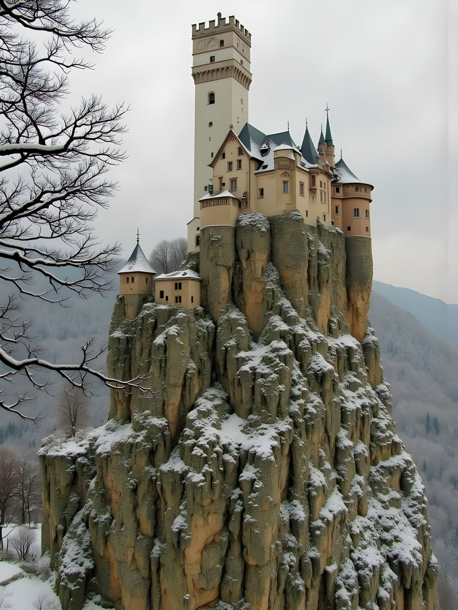 Ethereal Castle in Snowy Alpine Landscape