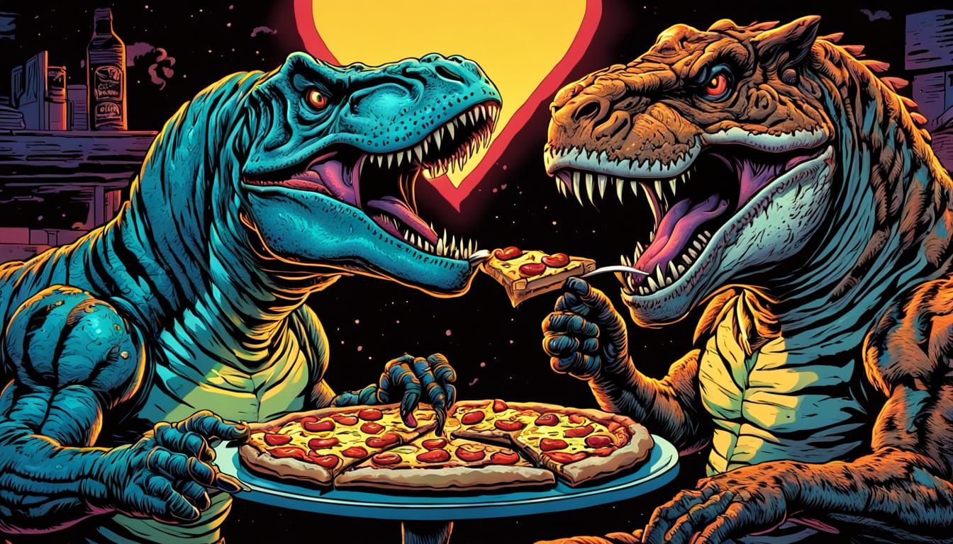 T-Rex and Sabre-Tooth Tiger's Romantic Pizza Date