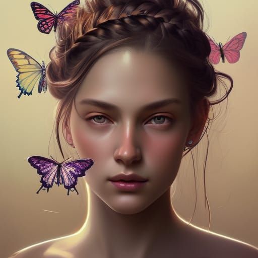 Braided Girl Portrait with Butterflies and Flowers
