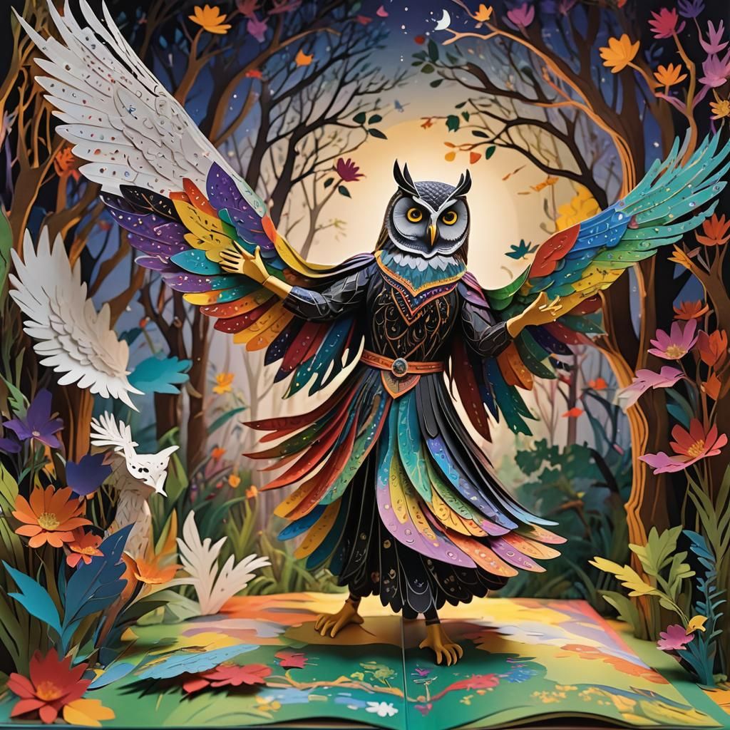 Mystical Owl Pop-Up Book in Cubist Style