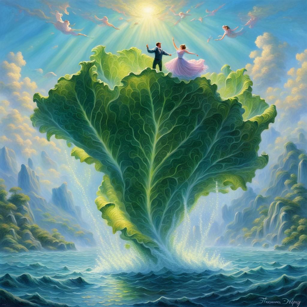 Couple Dancing on Lettuce Leaf in Ocean, Fantasy Art