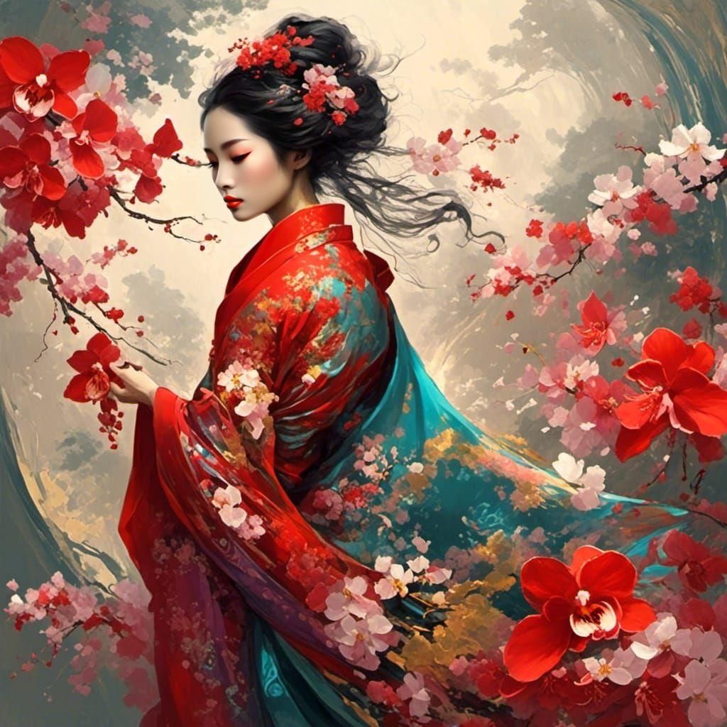 Scarlet Kimono with Orchid Texture in Digital Art