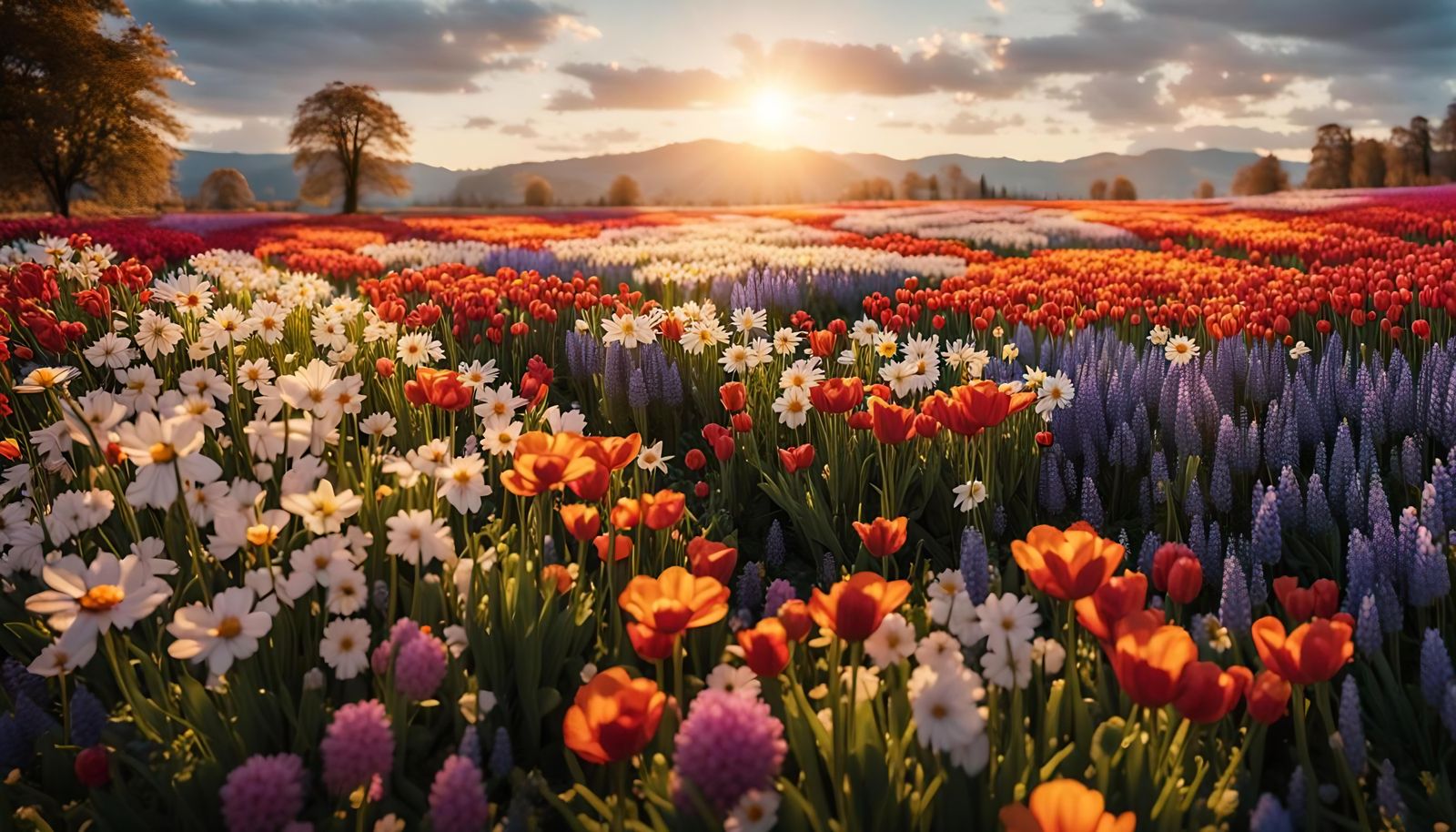 Hyperrealistic 3D Field of Multicolored Spring Flowers