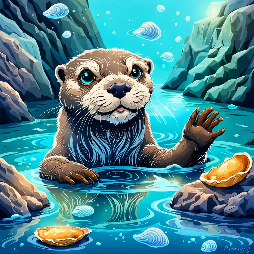 Cute Otter Enjoying Oyster: Holographic Cosmic Illustration