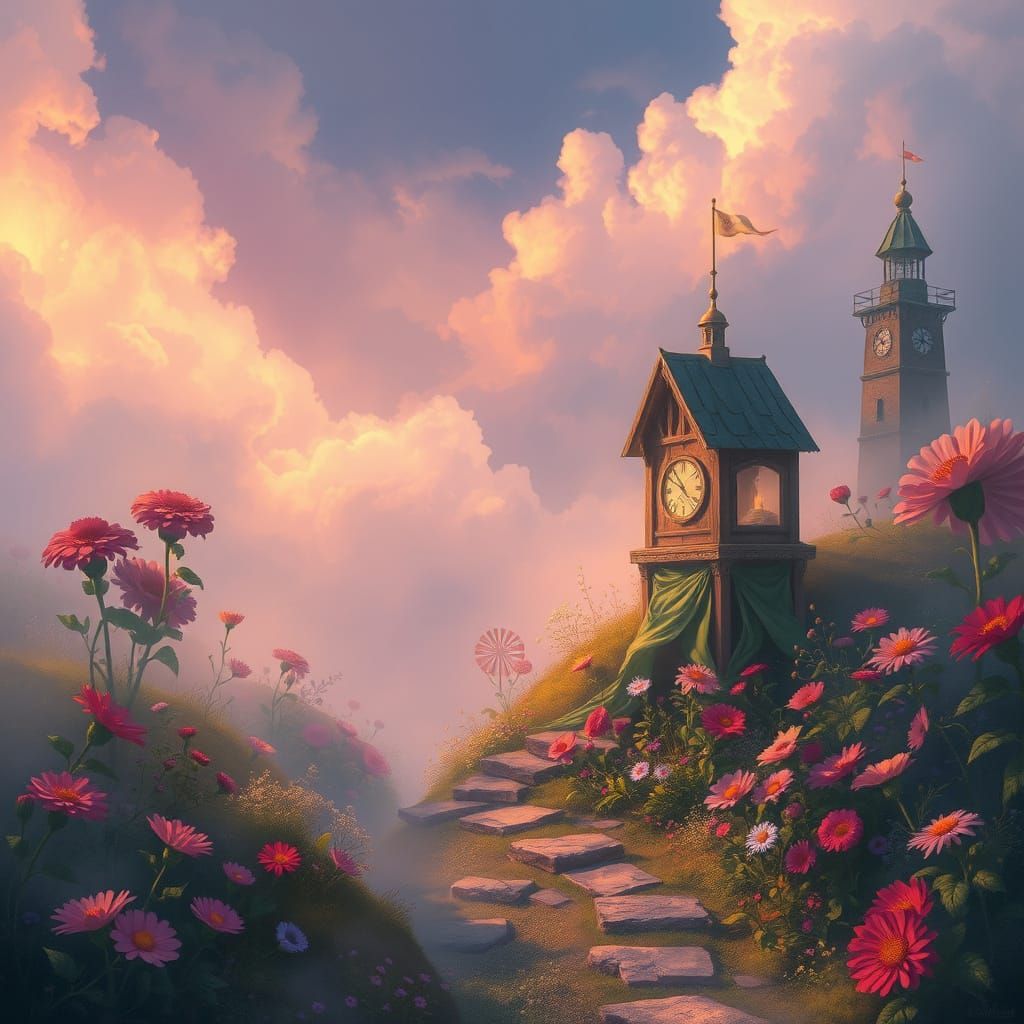 Ethereal Fantasy Landscape with Flowers