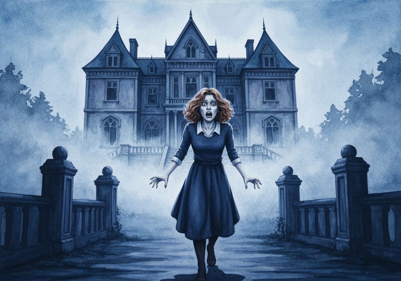 Scared Sorority President in Gothic Horror Scene