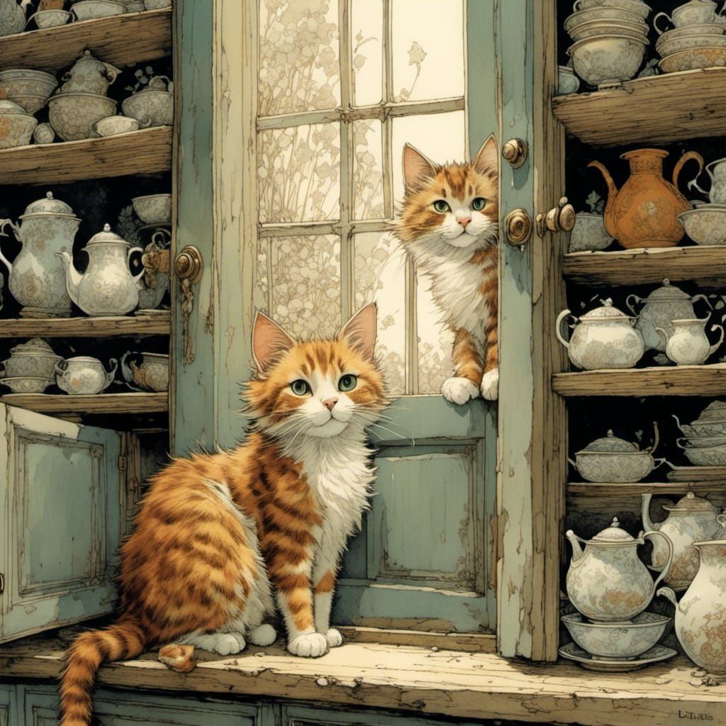 Whimsical Cats Peek from Kitchen Cupboard