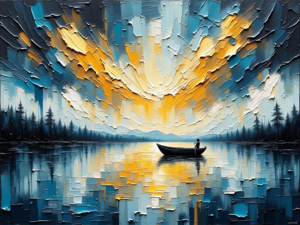 Impasto Painting of a Solitary Boat on Still Water