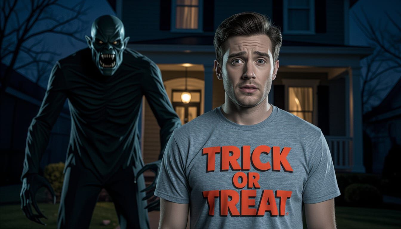 Handsome Man in "Trick or Treat" Shirt with Spooky Monster