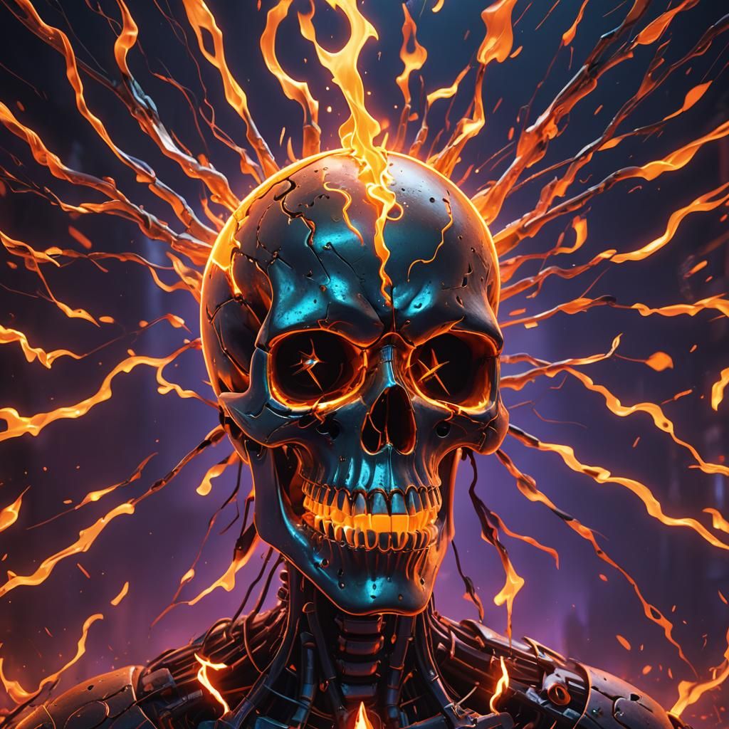 Skull with Fire Eyes and Orange Neon Aura