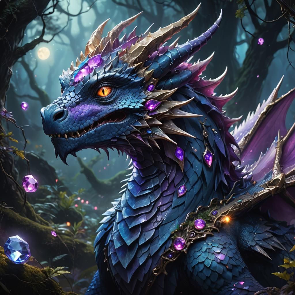 Mystical Night Dragon with Gems in Art Nouveau Style