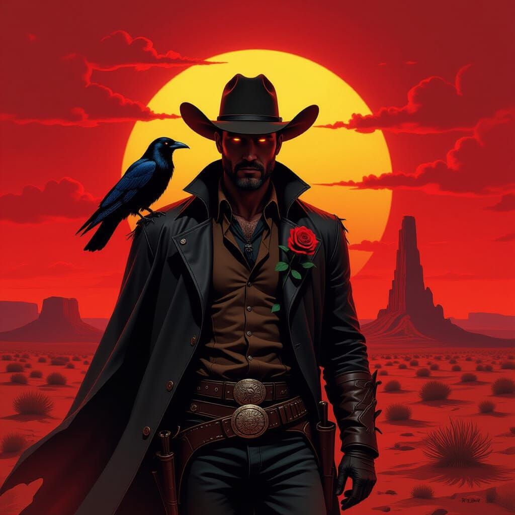 Western Cowboy with Raven in Dark Fantasy Sunset