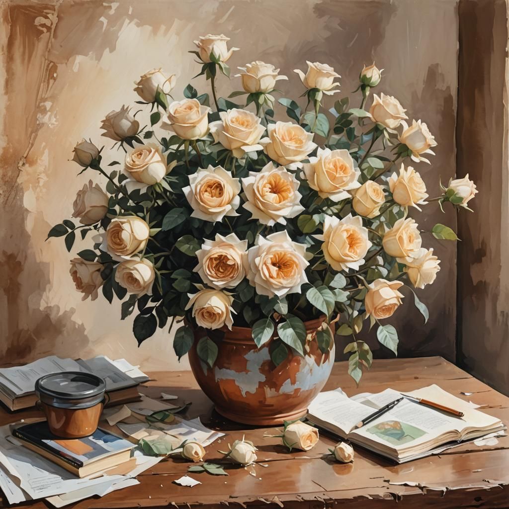 Gouache Painting of Roses and Encyclopedia