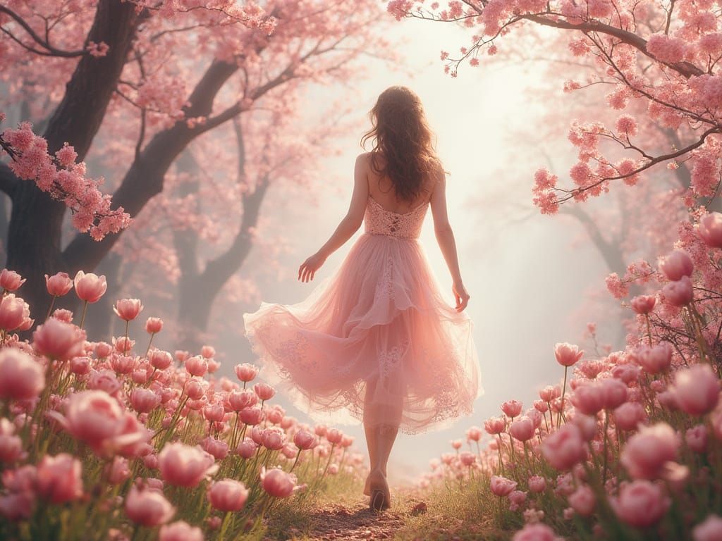 Whimsical Woman Amidst a Lush Pink Floral Wonderland in Soft...