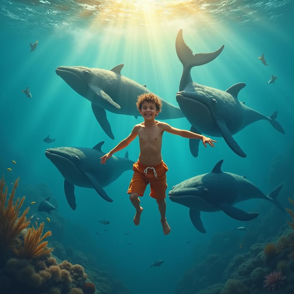 Boy Swimming with Whales in Turquoise Ocean