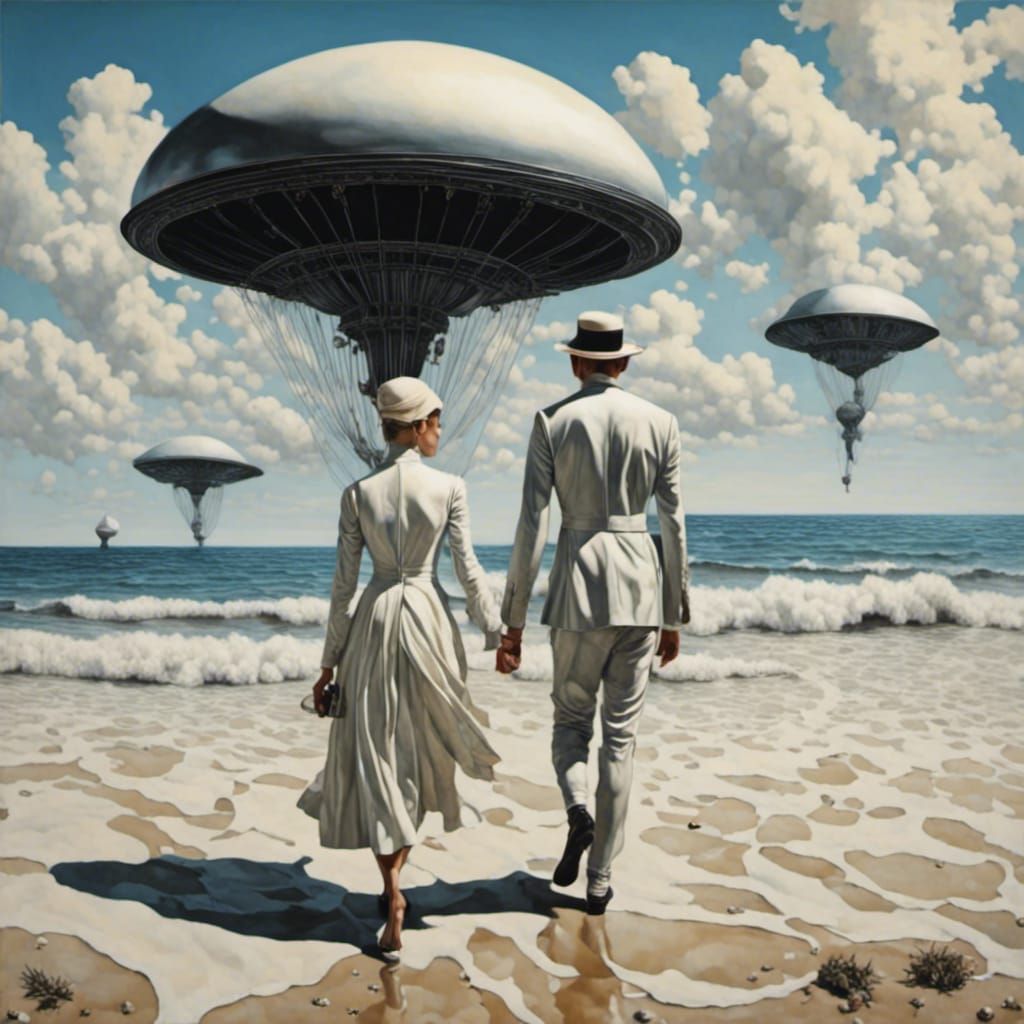 Italian Beach Walk: Surreal Biopunk Watercolor