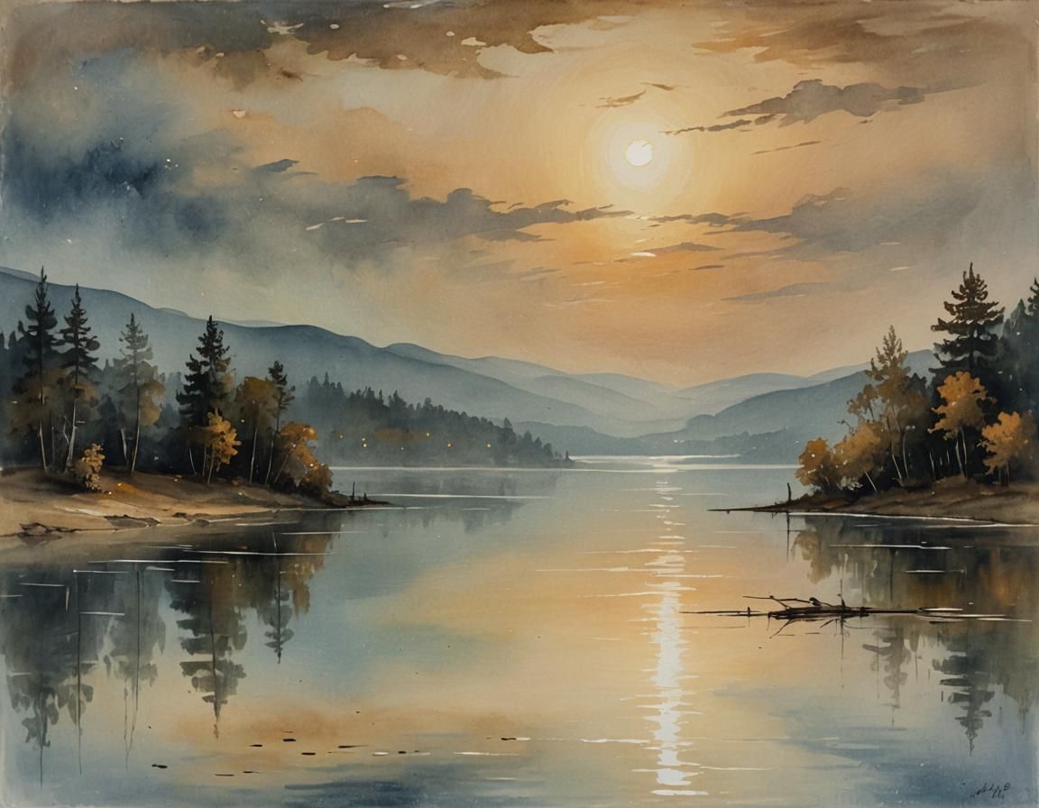 Moonlit Lake in Romanticist Golden Hour Landscape