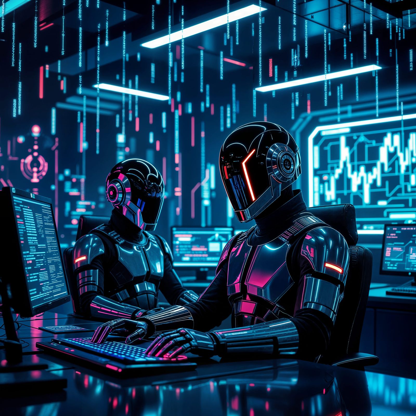 Cybernetic Villain Stuxnet Hacking Treasury in Sci-Fi Lair