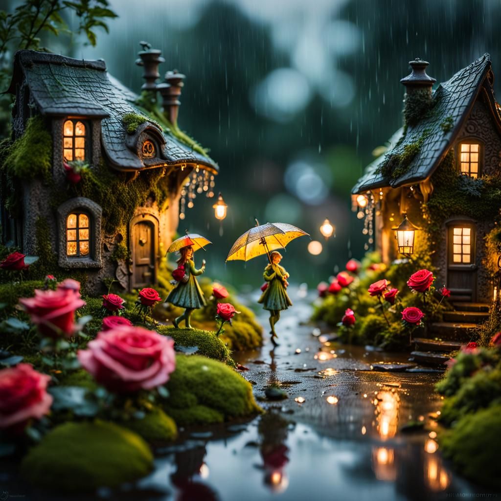 Fairies in Rainy Village: Hyperrealistic Macro Photography