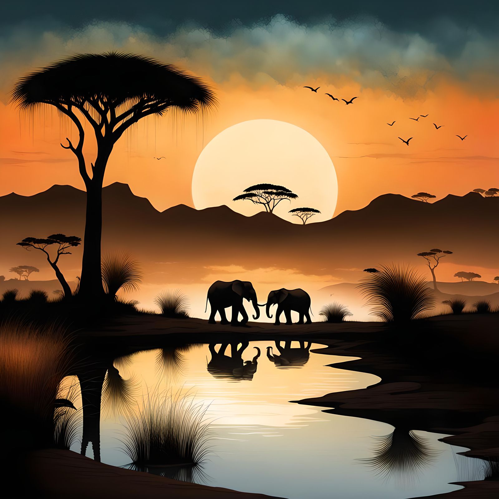 African Elephants at Sunset: Graphic Novel Art