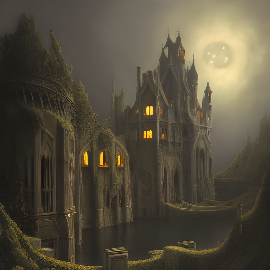 Gothic Vampire Castle with Cave Moat in Art Nouveau Style