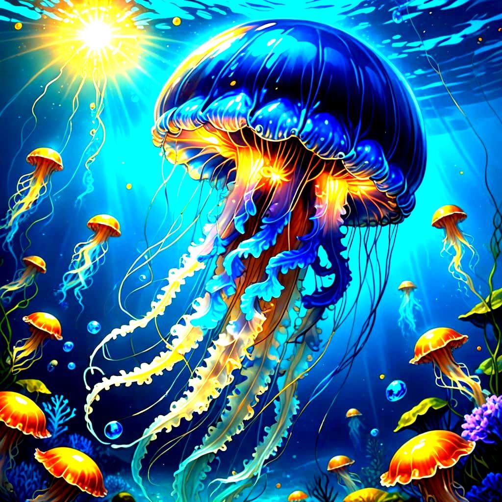 Glowing Blue Jellyfish Shines in Sunlight Underwater