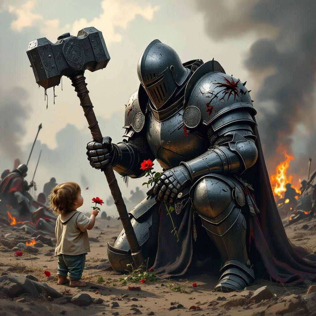 Armored Knight's Gentle Offering: Hyperrealistic Fantasy Sce...