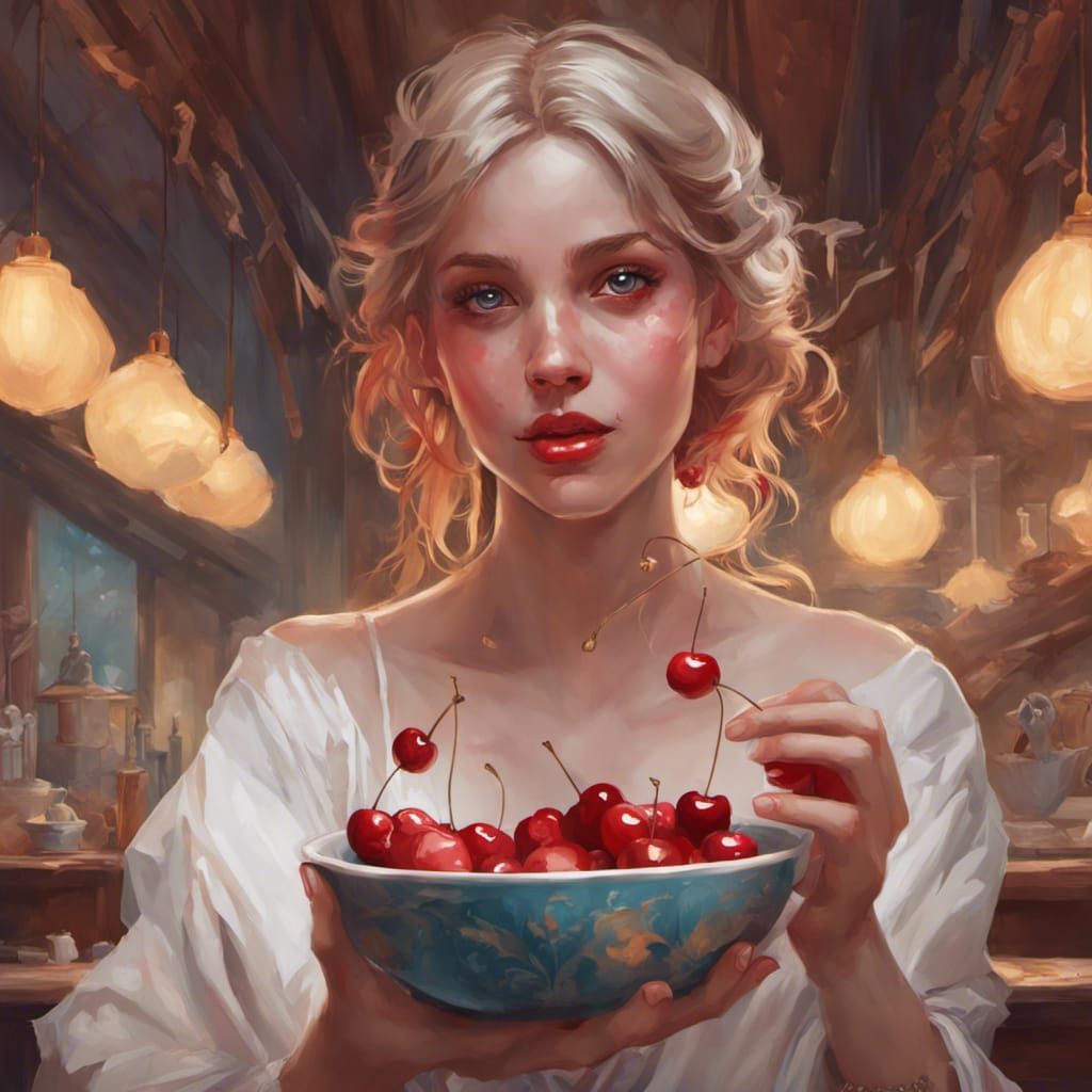 Girl Eating Cherries: Hyperdetailed Portrait