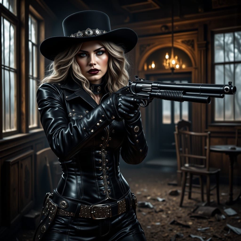 Gothic Cowgirl Aims Shotgun in Moody Saloon